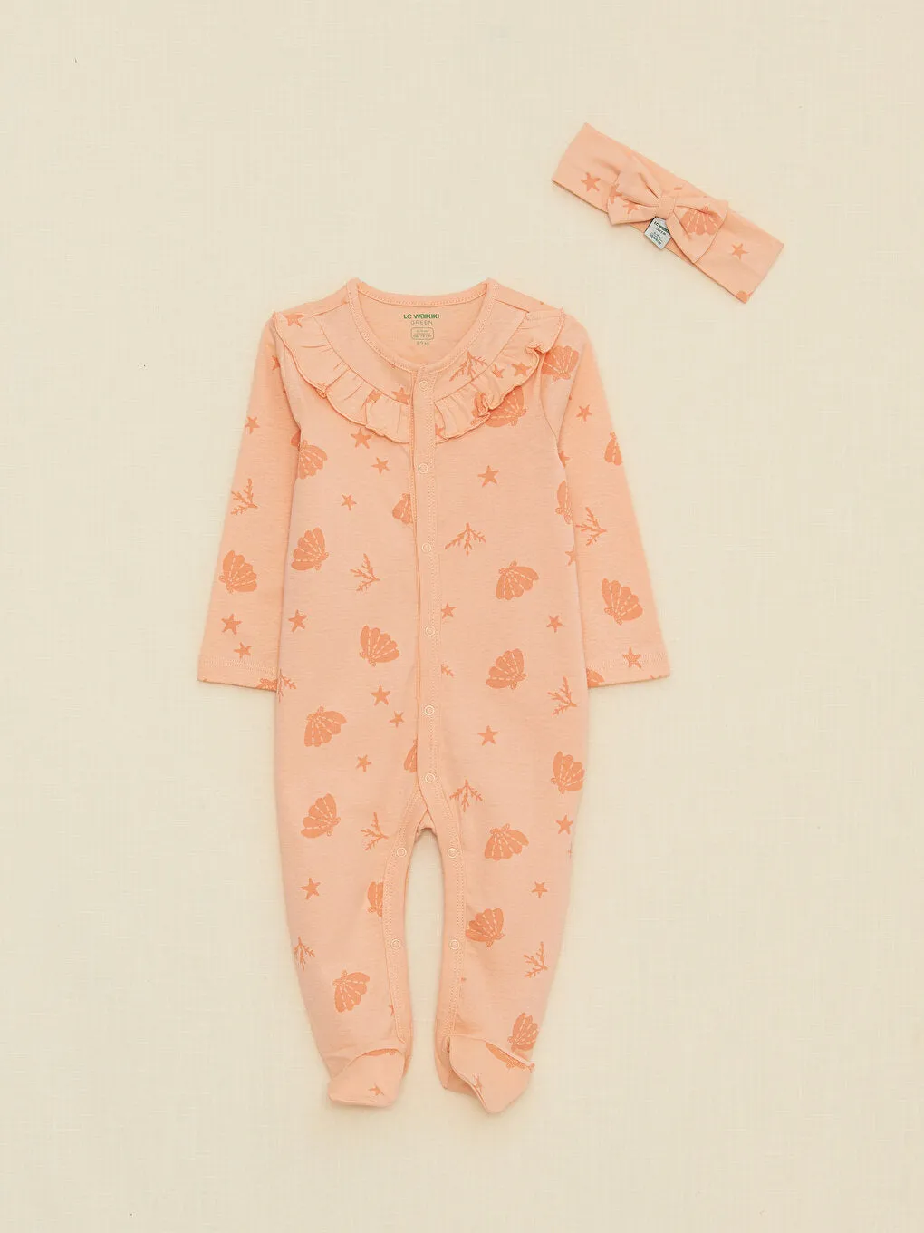 Crew Neck Long Sleeve Printed Organic Cotton Baby Girl Jumpsuit and Headband Set of 2