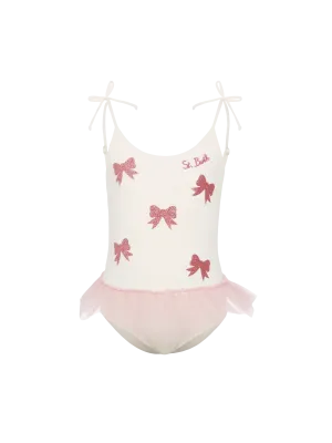 Dancer one-piece swimsuit with tulle ruffle and glittered bows