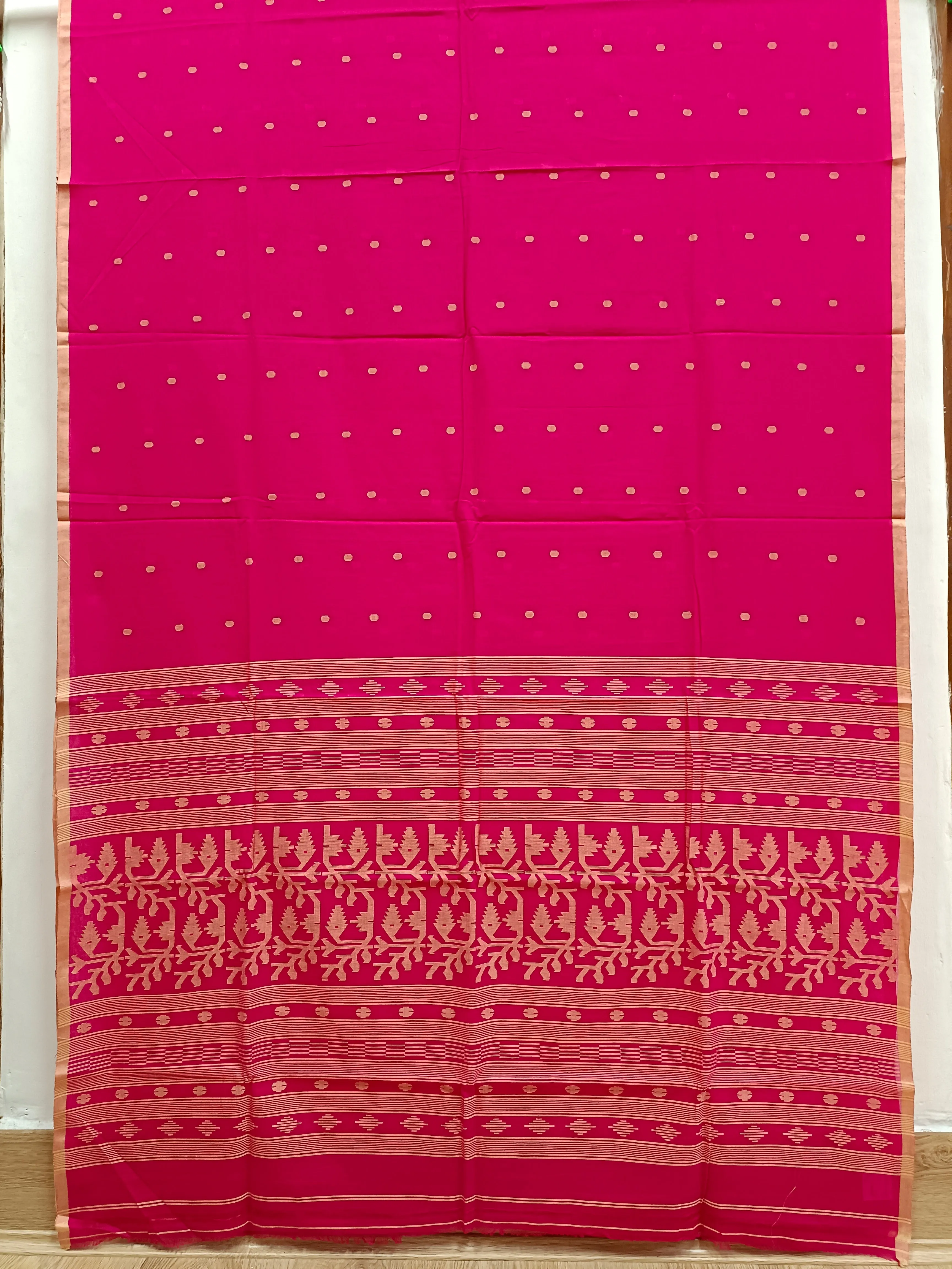 Deep-Pink and  Beige Handloom Traditional Handwoven Cotton Jamdani Saree