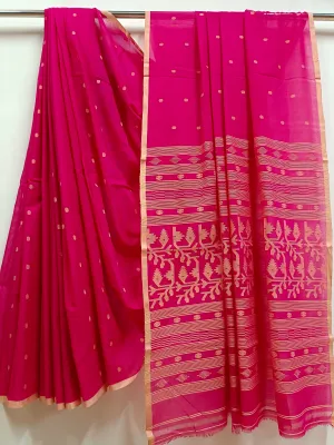 Deep-Pink and  Beige Handloom Traditional Handwoven Cotton Jamdani Saree