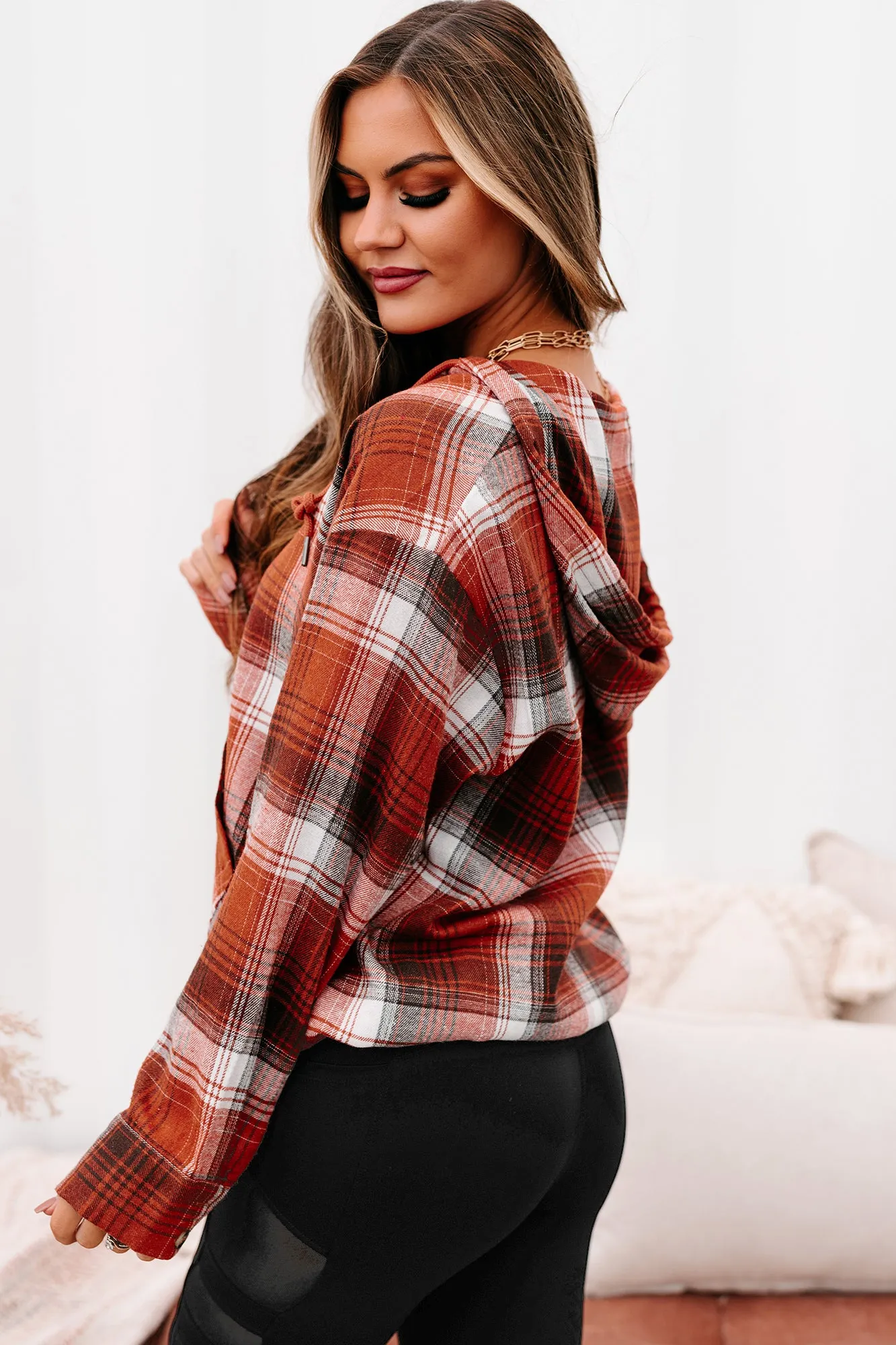 Drifting Apart Plaid Hooded Long Sleeve Top (Rust)