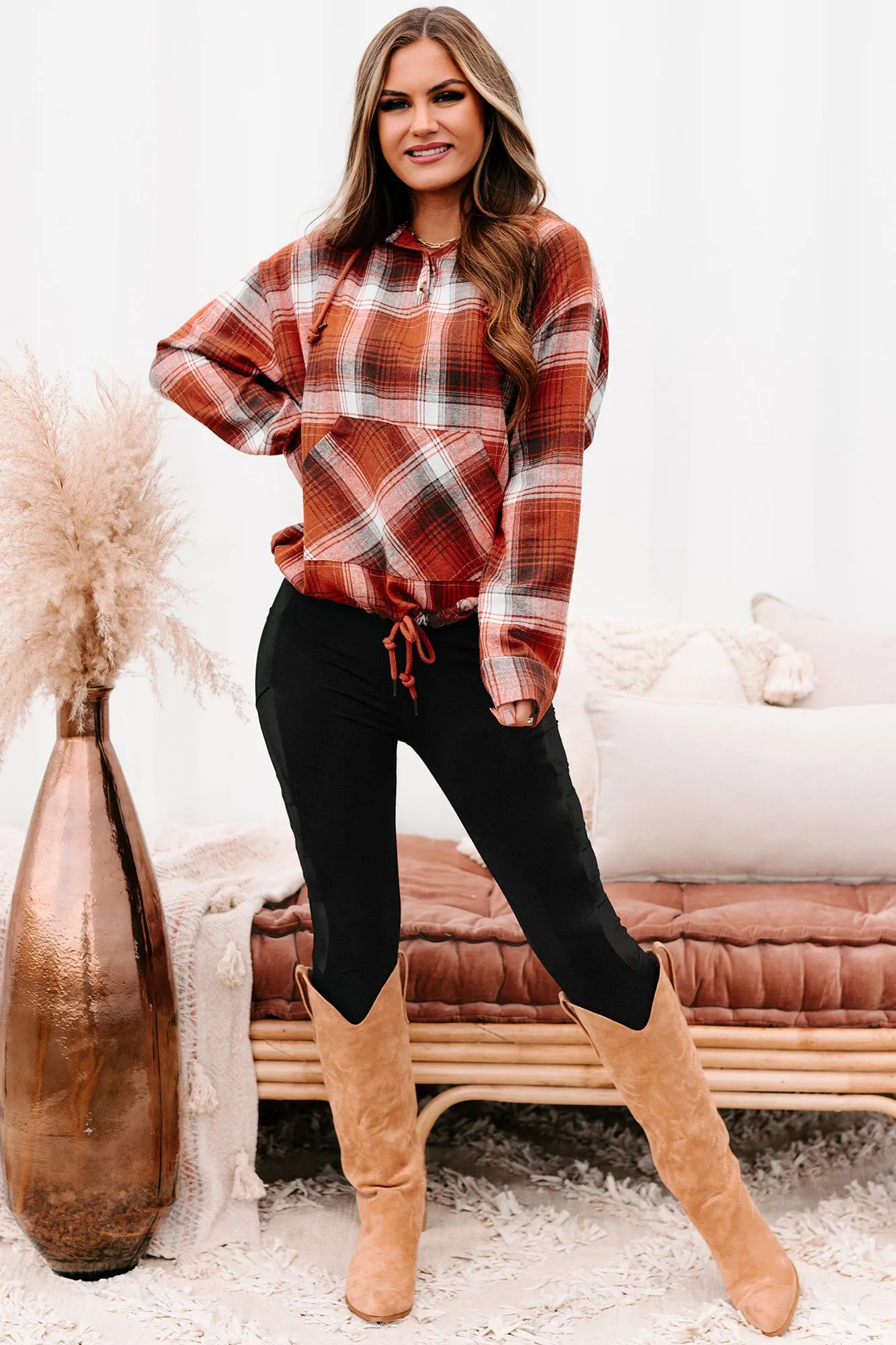 Drifting Apart Plaid Hooded Long Sleeve Top (Rust)