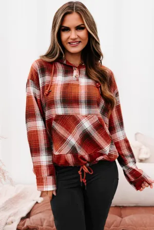 Drifting Apart Plaid Hooded Long Sleeve Top (Rust)