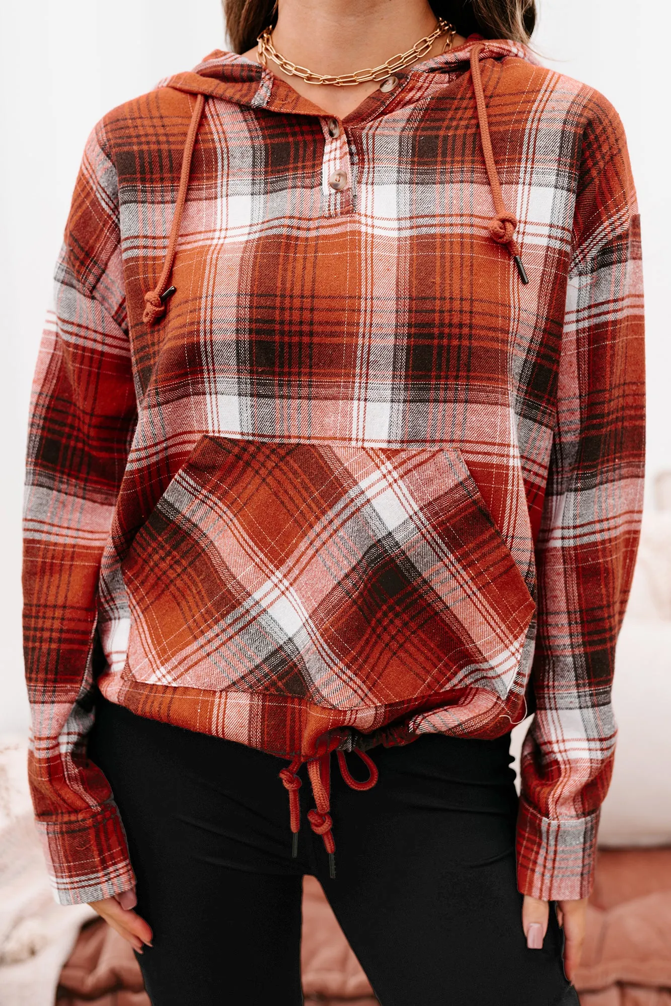 Drifting Apart Plaid Hooded Long Sleeve Top (Rust)