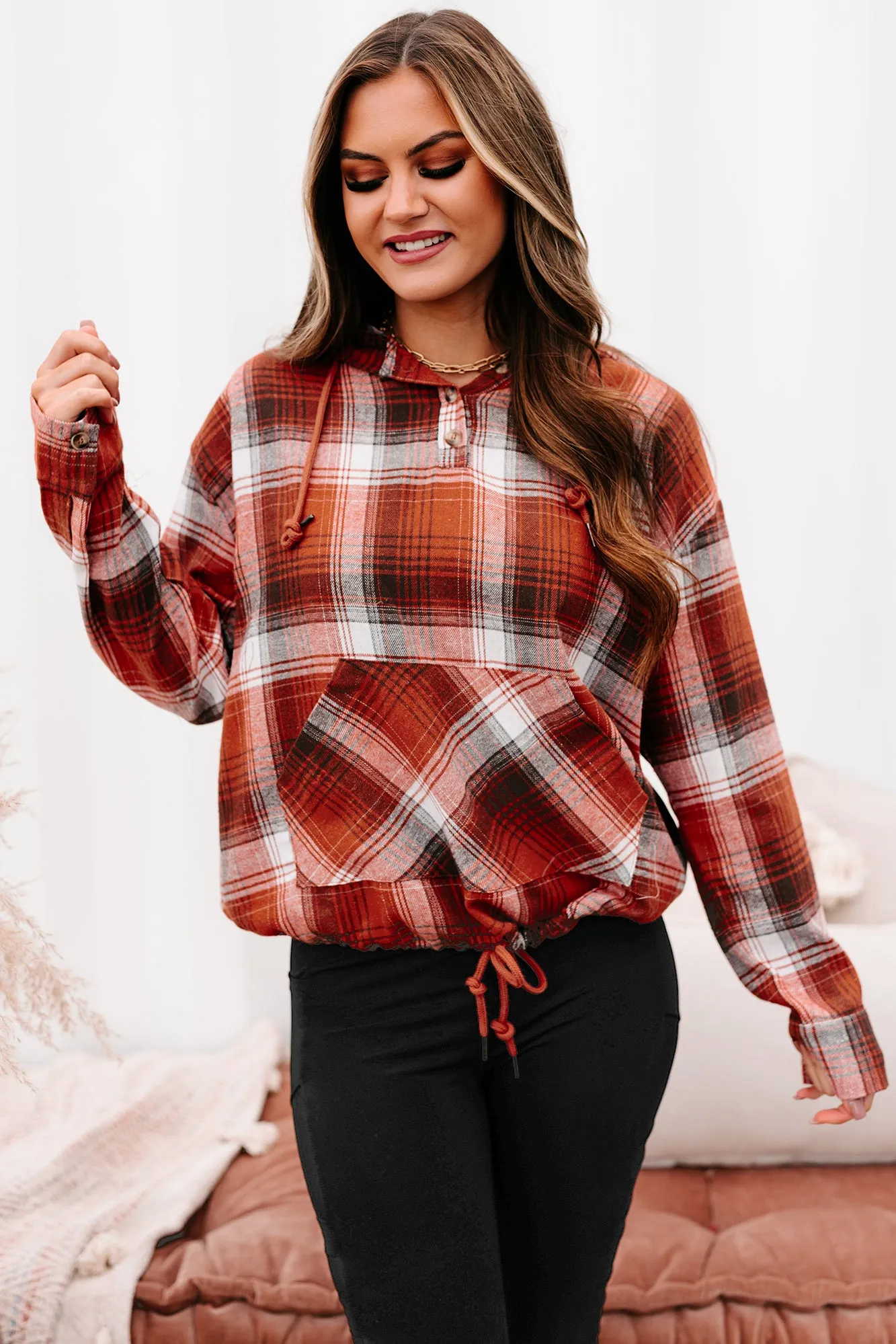 Drifting Apart Plaid Hooded Long Sleeve Top (Rust)
