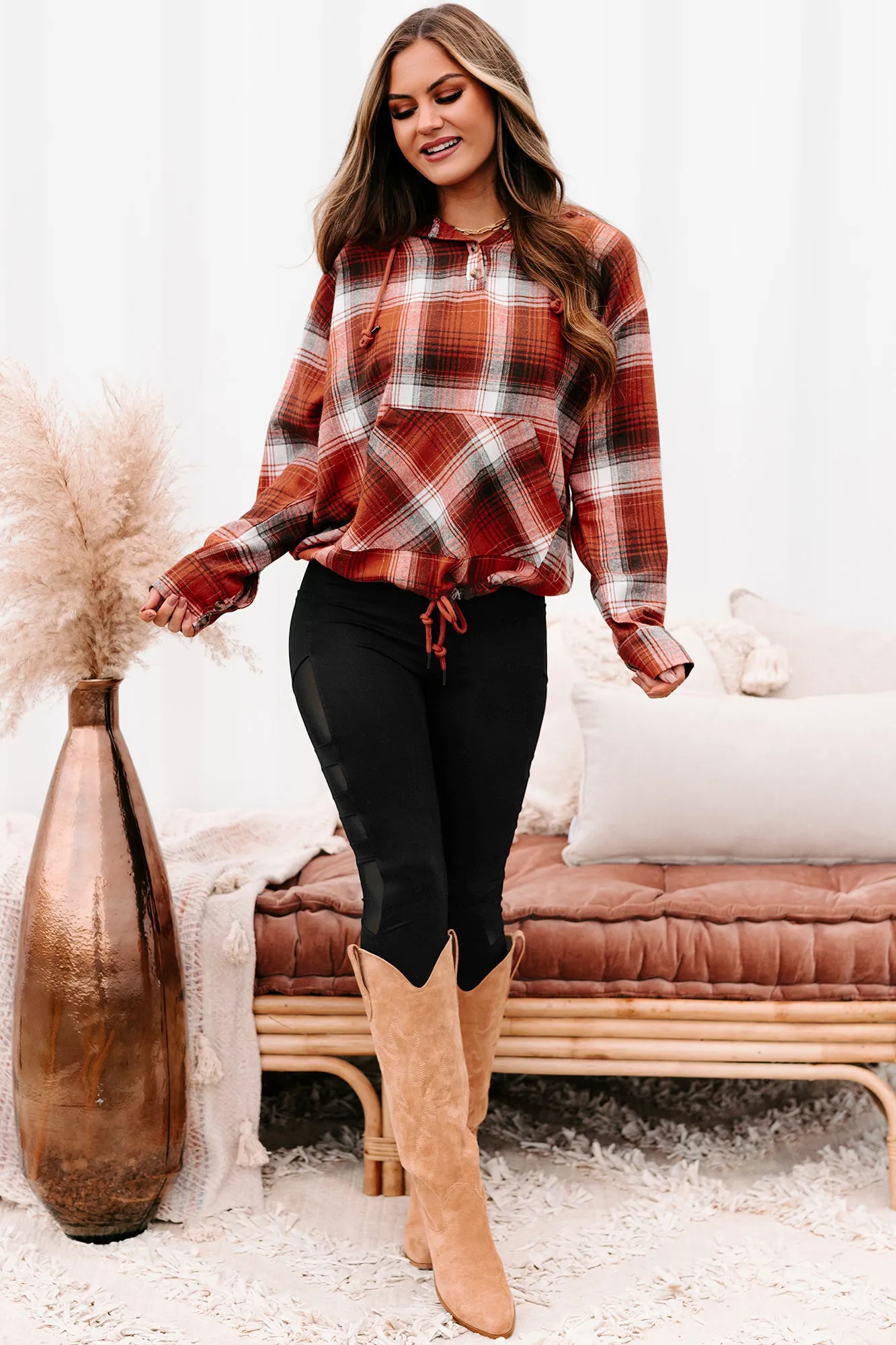 Drifting Apart Plaid Hooded Long Sleeve Top (Rust)