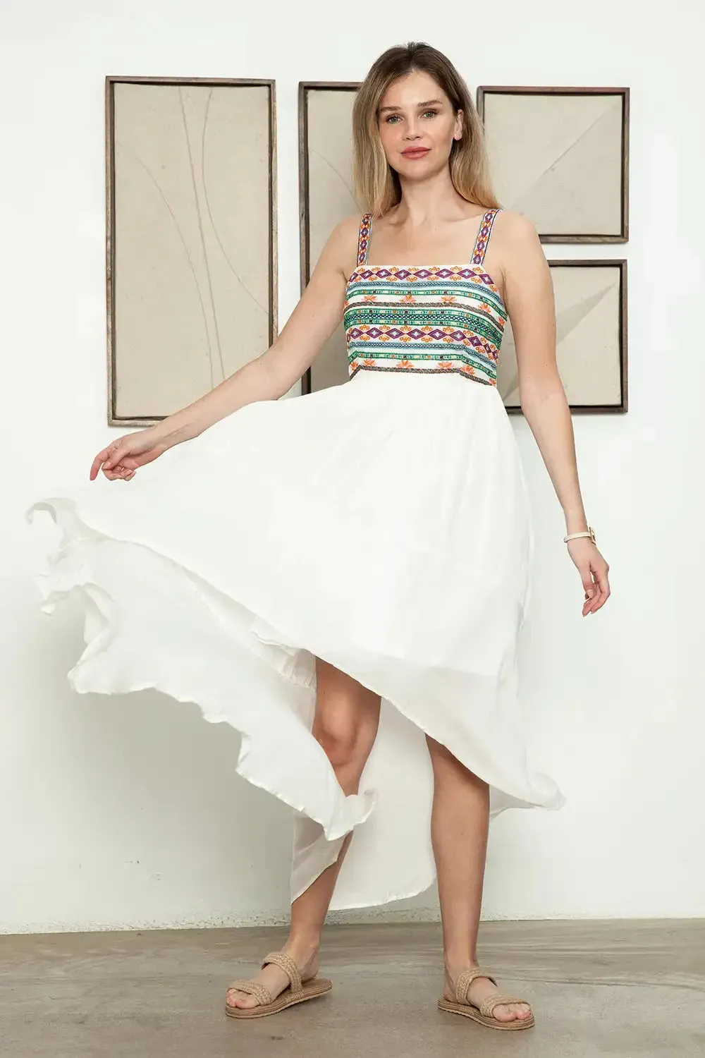 Ethnic Smocked Back Embroidered Sleeveless High Low Dress