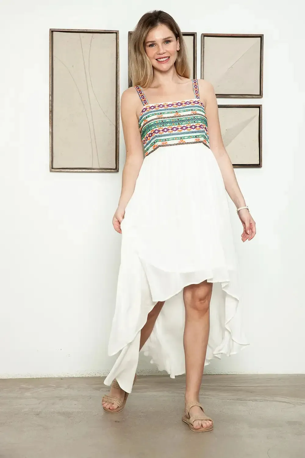 Ethnic Smocked Back Embroidered Sleeveless High Low Dress