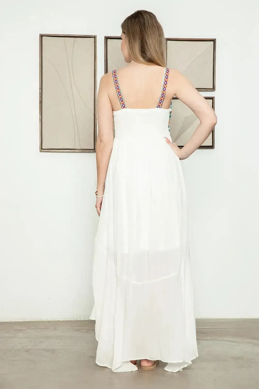 Ethnic Smocked Back Embroidered Sleeveless High Low Dress