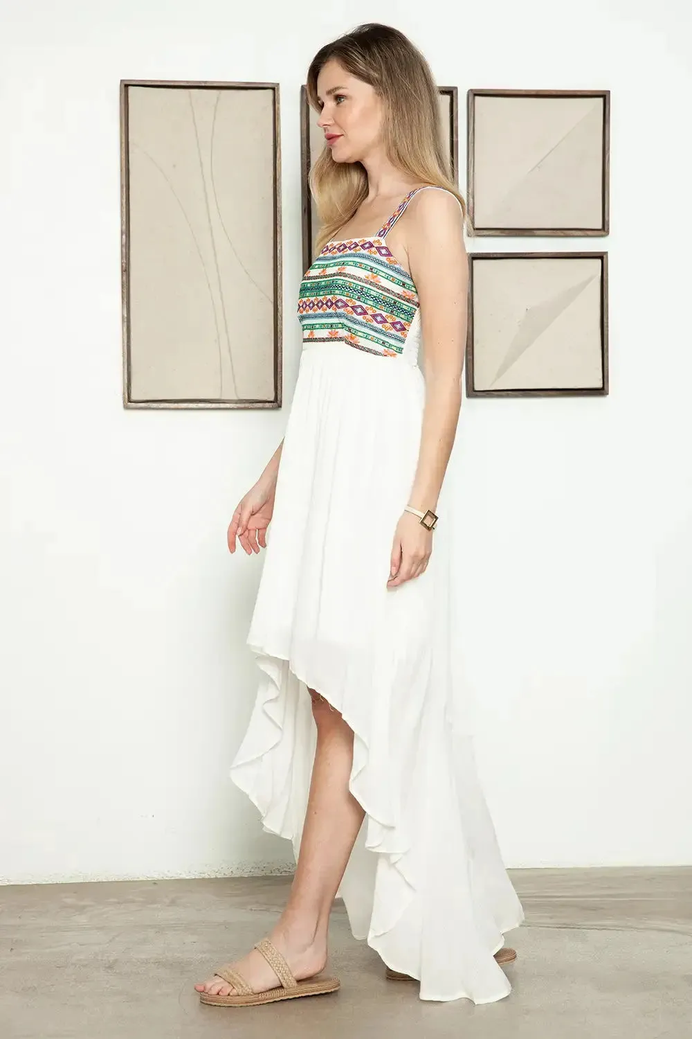 Ethnic Smocked Back Embroidered Sleeveless High Low Dress