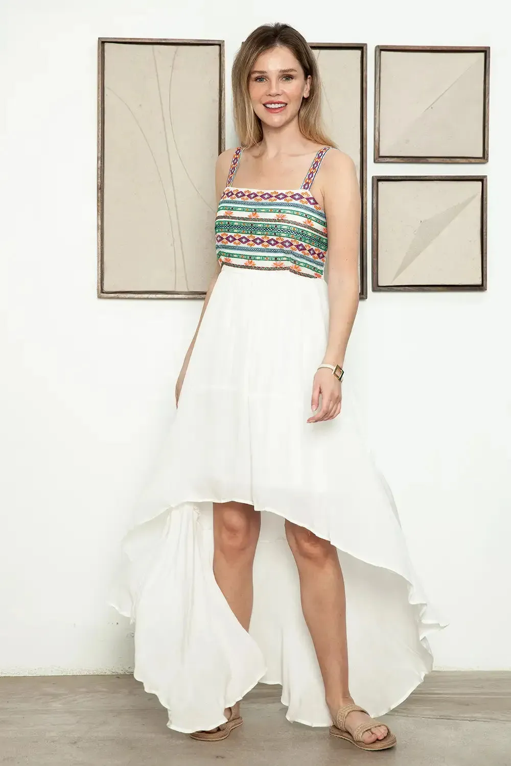 Ethnic Smocked Back Embroidered Sleeveless High Low Dress
