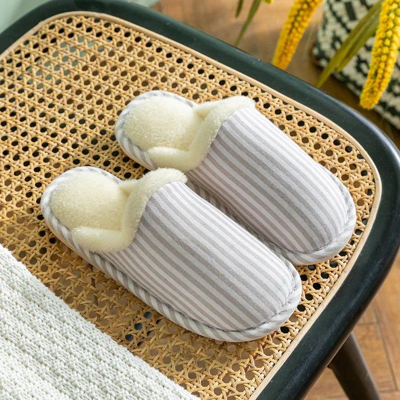 Fashion Striped Printed Slippers For Women Autumn And Winter Warm Non-slip Thick Sole House Shoes Men's Indoor Plush Shoes