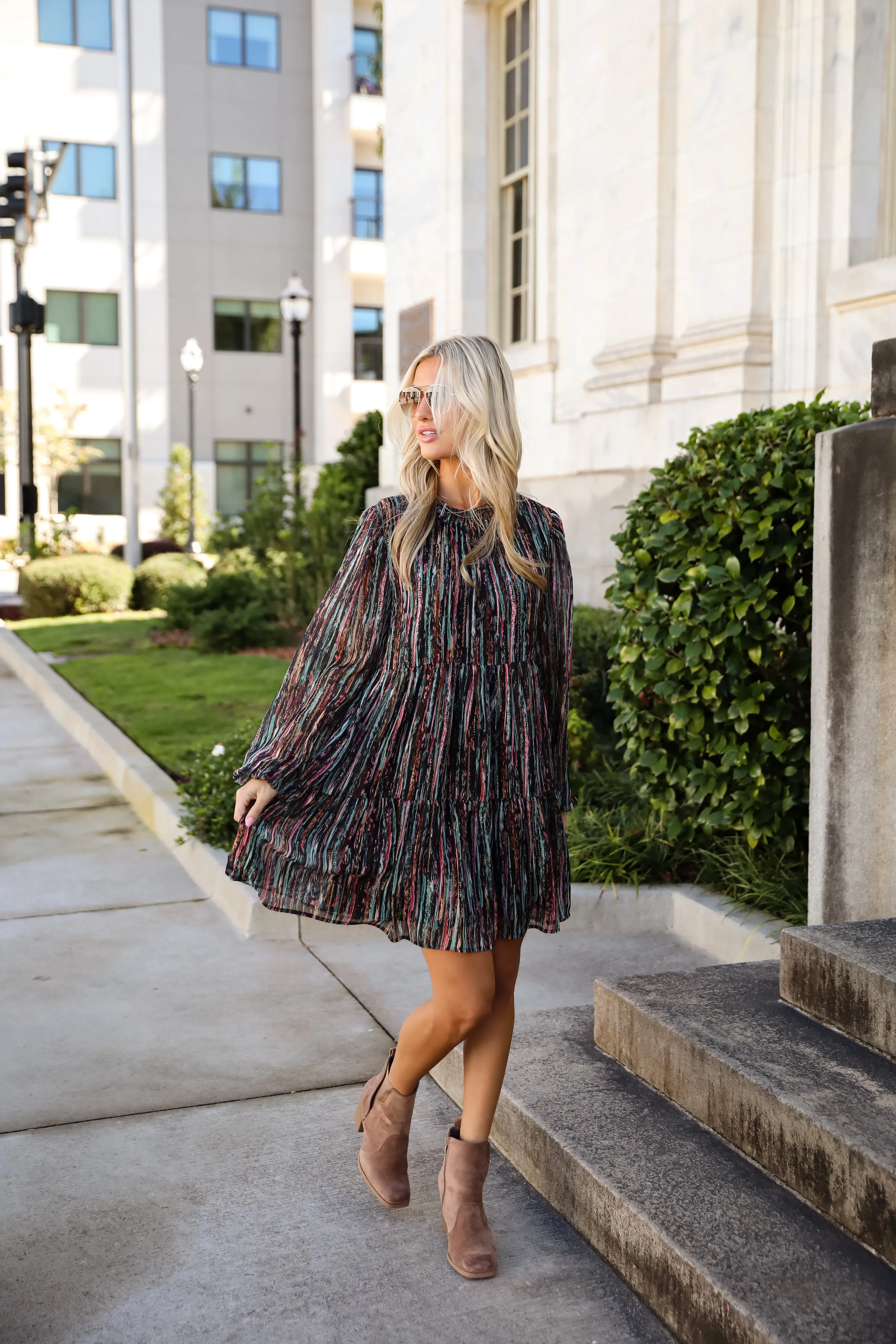 FINAL SALE - Beautifully Poised Black Striped Tiered Mini Dress