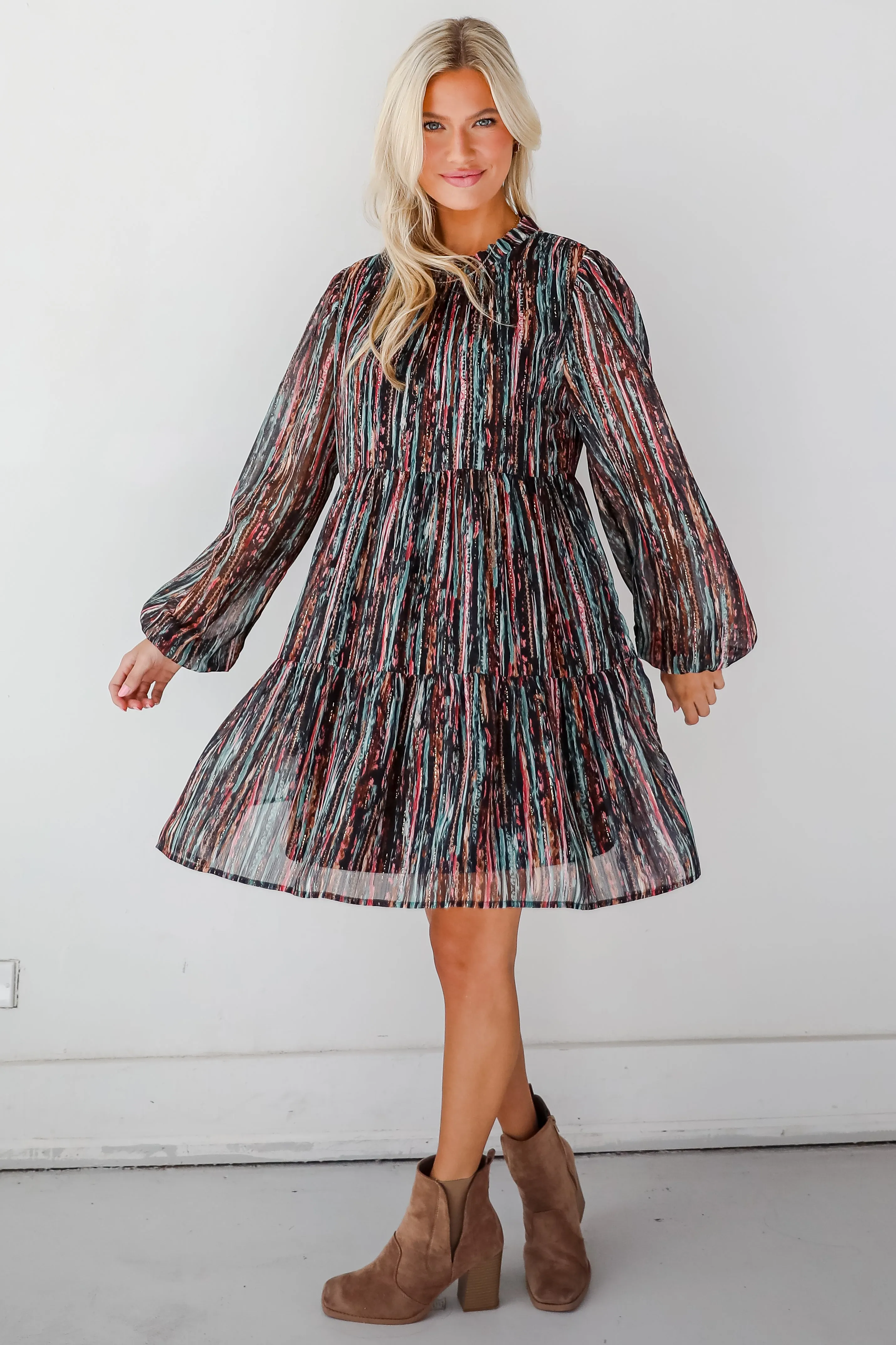 FINAL SALE - Beautifully Poised Black Striped Tiered Mini Dress