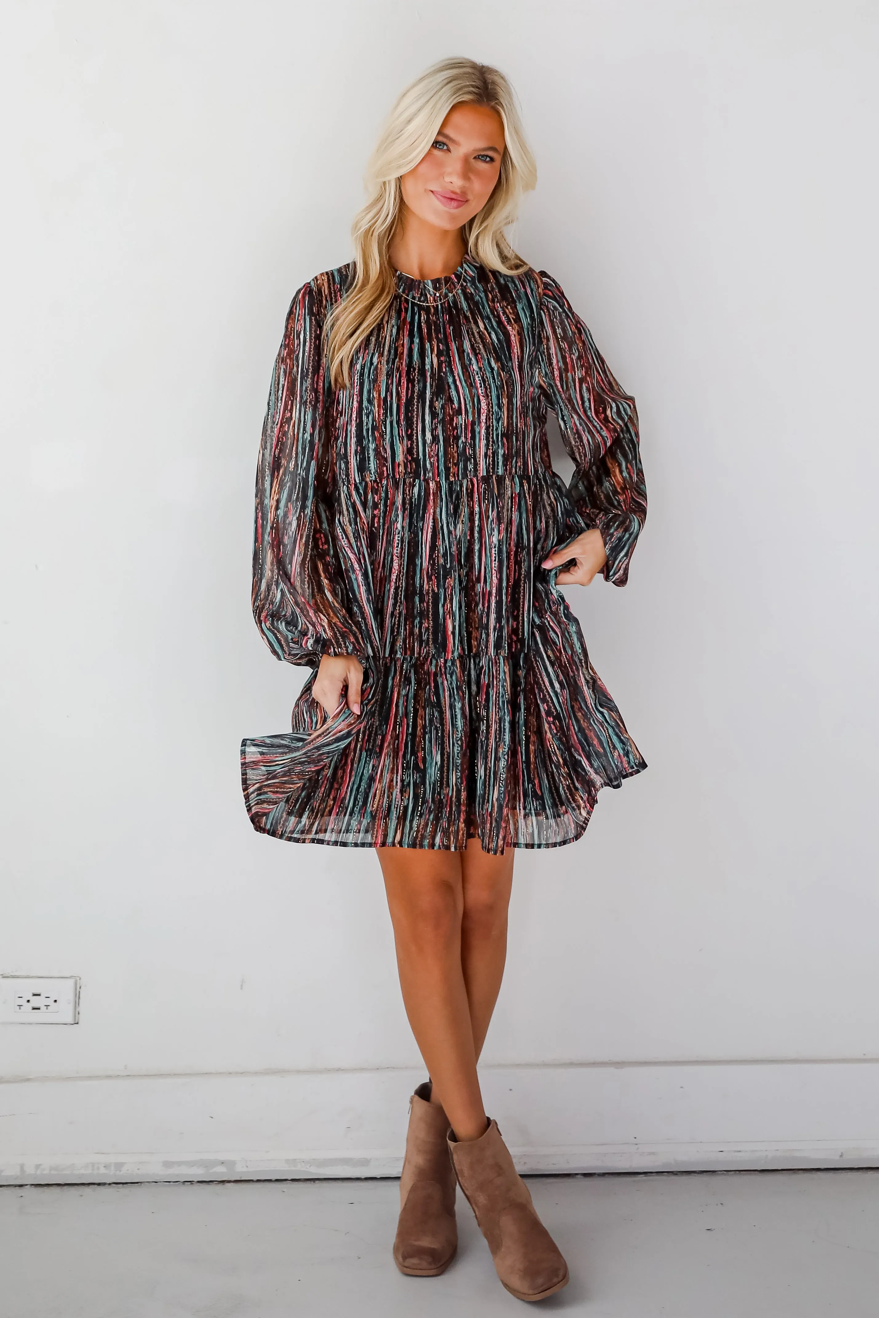 FINAL SALE - Beautifully Poised Black Striped Tiered Mini Dress