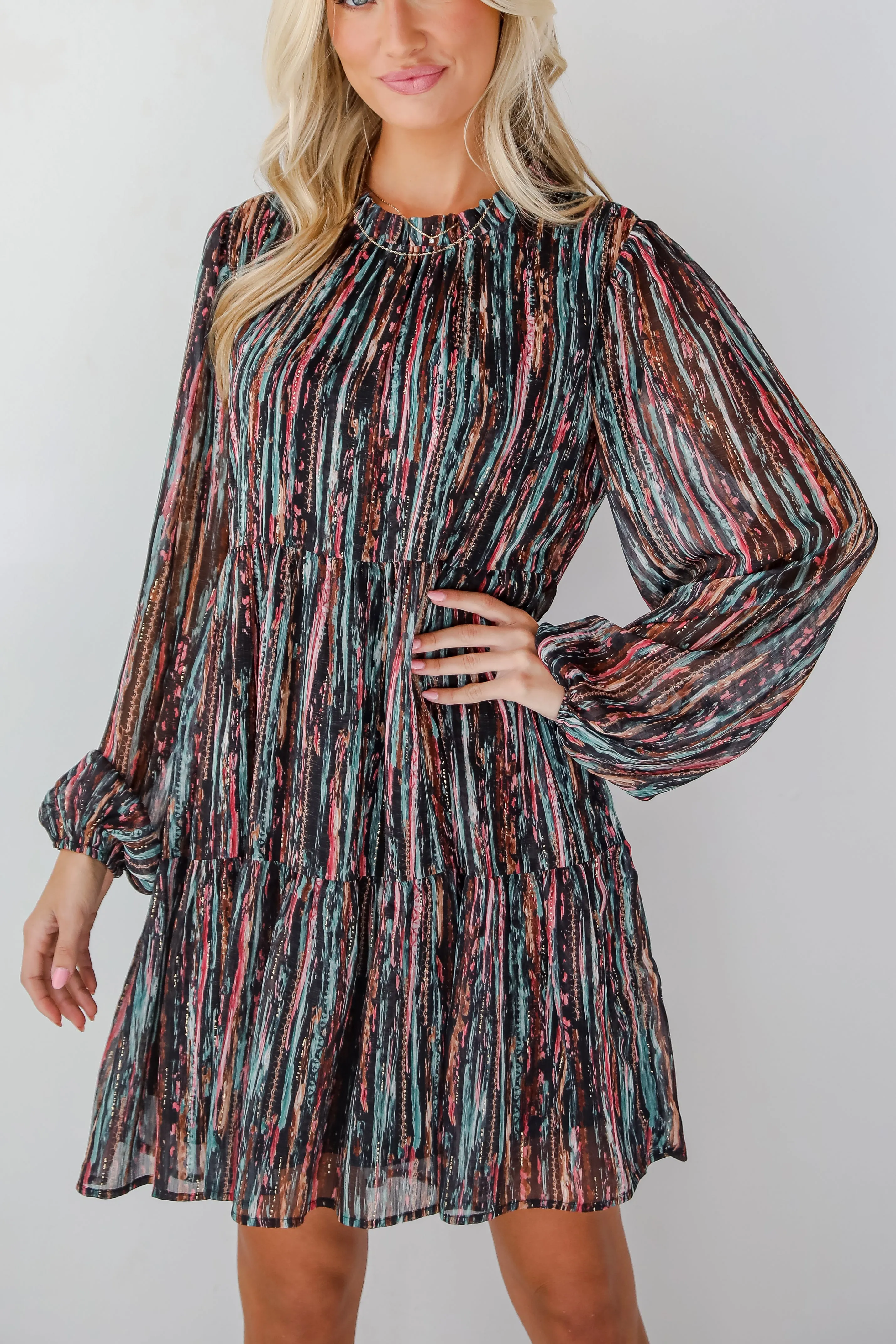 FINAL SALE - Beautifully Poised Black Striped Tiered Mini Dress