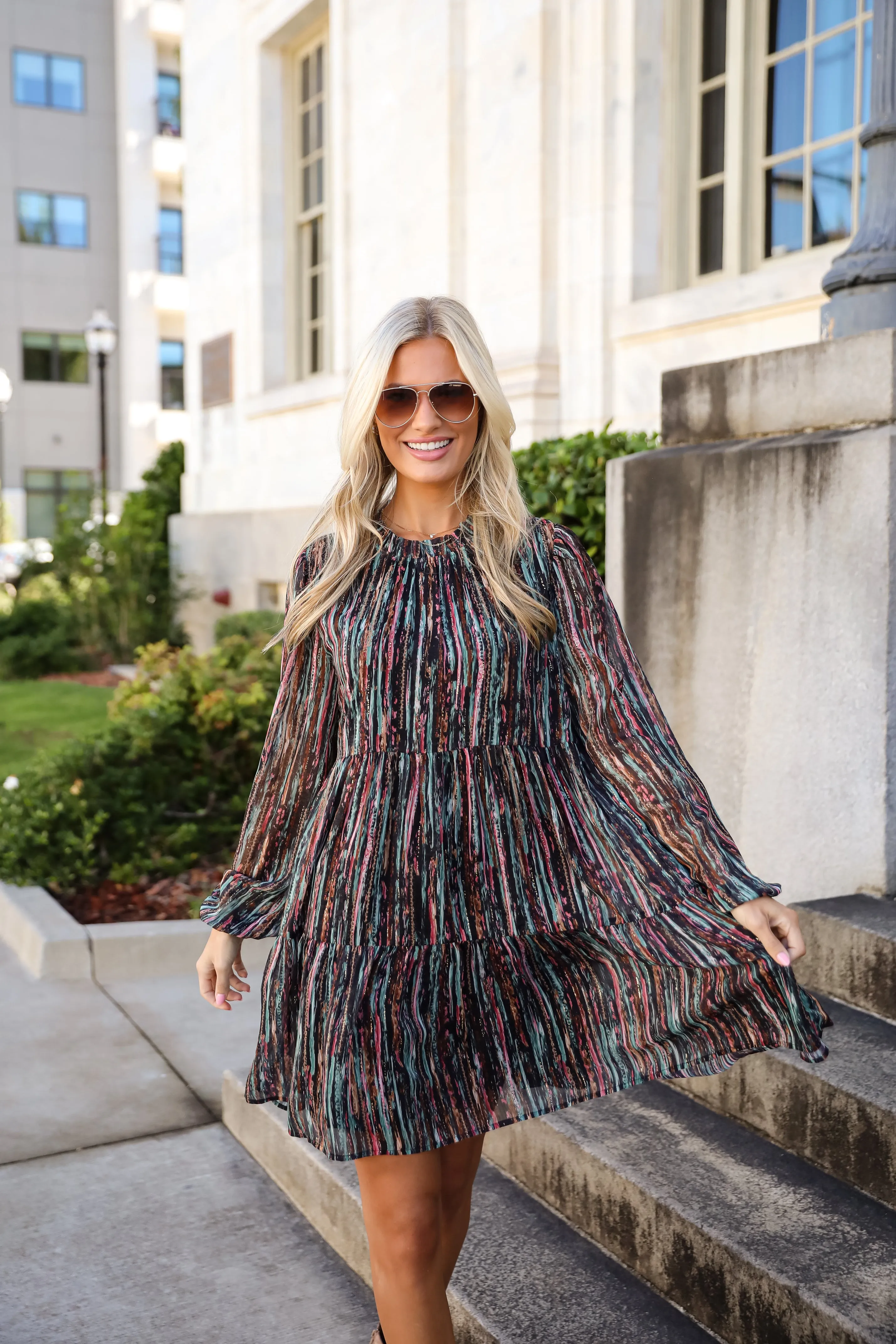 FINAL SALE - Beautifully Poised Black Striped Tiered Mini Dress