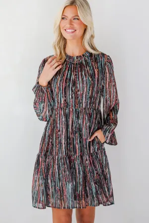 FINAL SALE - Beautifully Poised Black Striped Tiered Mini Dress