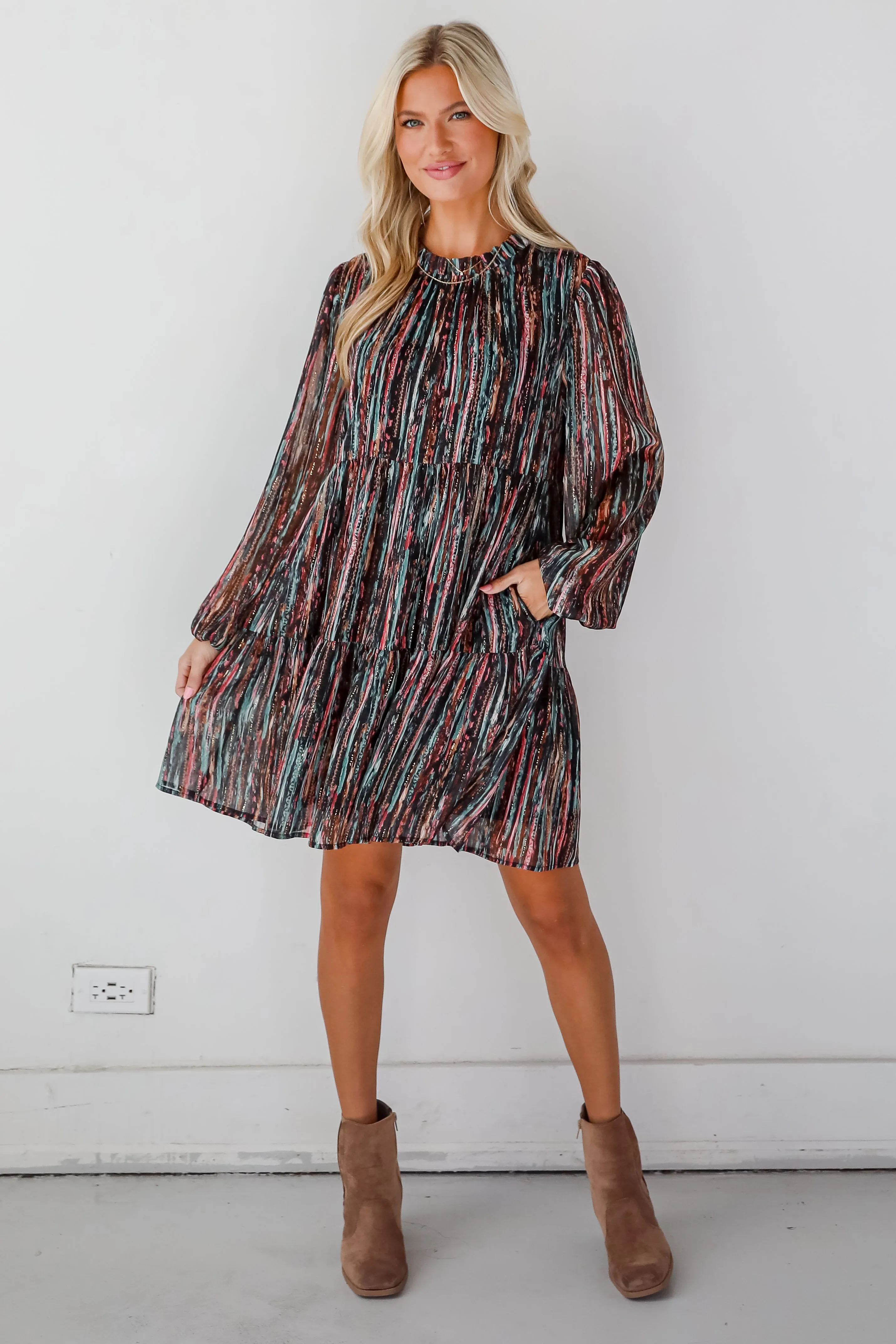 FINAL SALE - Beautifully Poised Black Striped Tiered Mini Dress