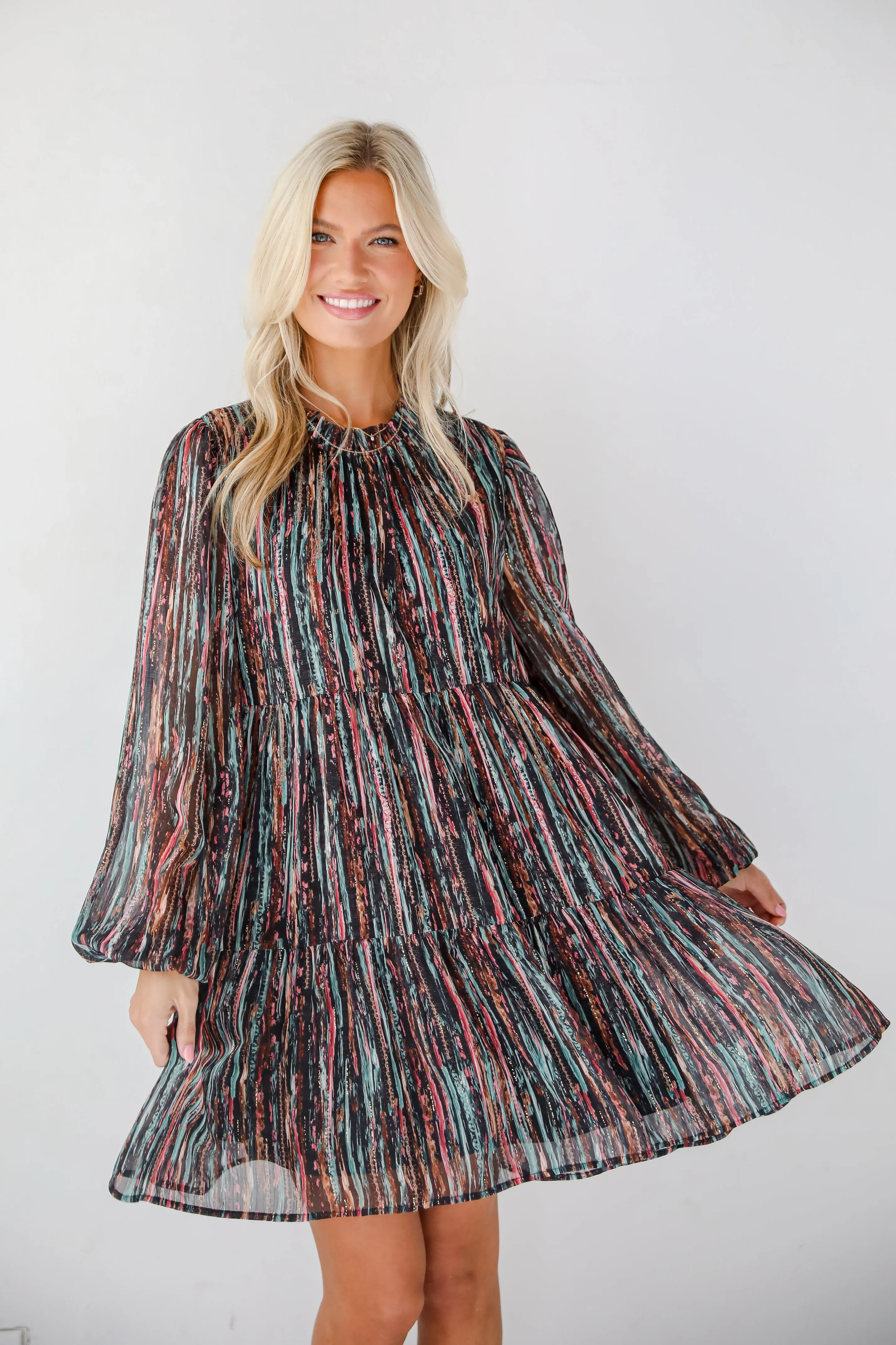 FINAL SALE - Beautifully Poised Black Striped Tiered Mini Dress