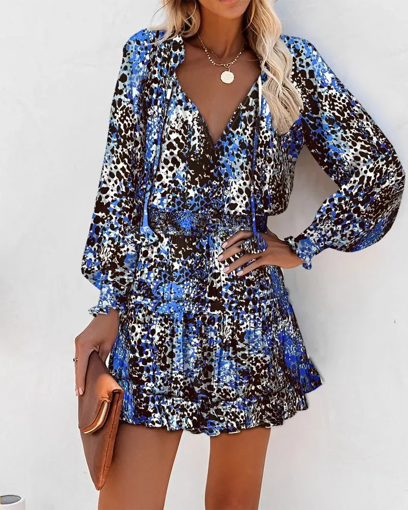 Flirty Floral Mini Patchwork Dress – Long Sleeve V-Neck Ruffle Waist for Springtime Charm