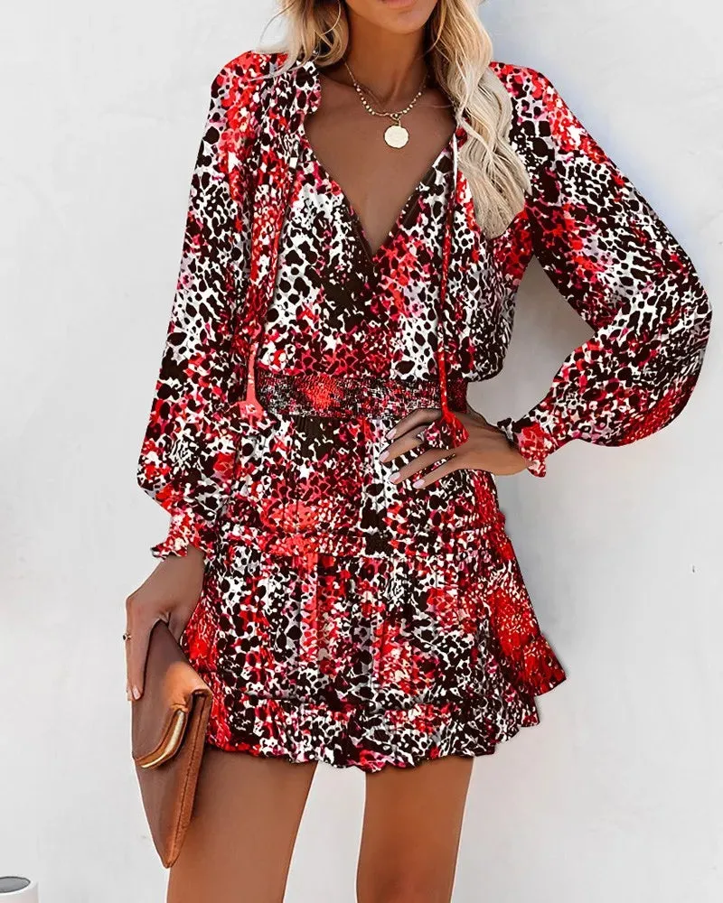 Flirty Floral Mini Patchwork Dress – Long Sleeve V-Neck Ruffle Waist for Springtime Charm
