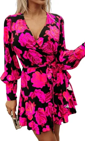 Flirty Floral Mini Patchwork Dress – Long Sleeve V-Neck Ruffle Waist for Springtime Charm