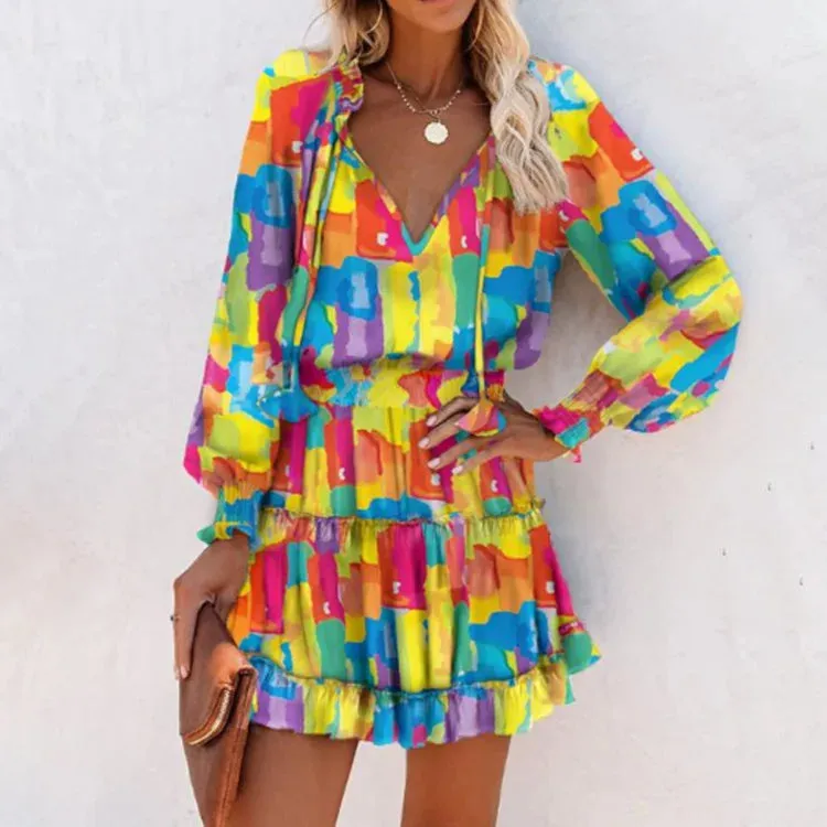 Flirty Floral Mini Patchwork Dress – Long Sleeve V-Neck Ruffle Waist for Springtime Charm