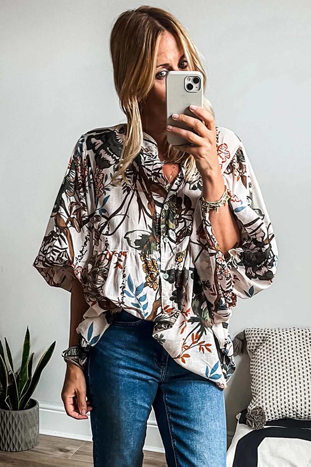 Floral Print Balloon Sleeve Button-Up Shirt