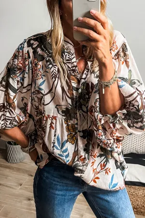 Floral Print Balloon Sleeve Button-Up Shirt