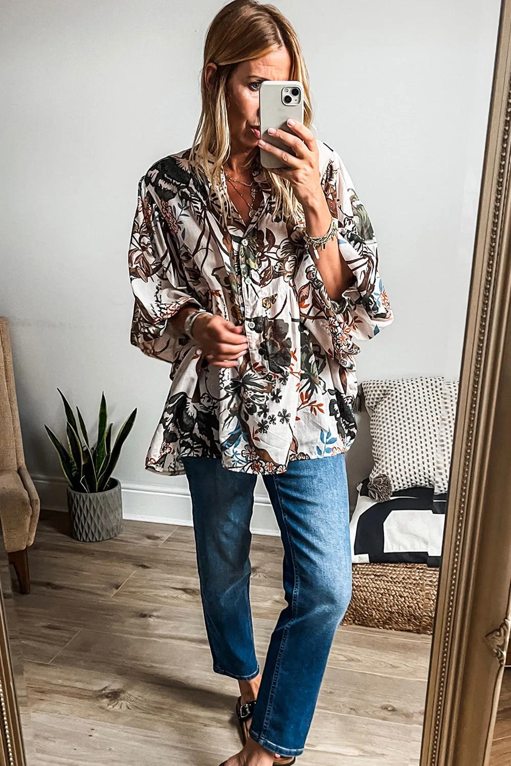 Floral Print Balloon Sleeve Button-Up Shirt
