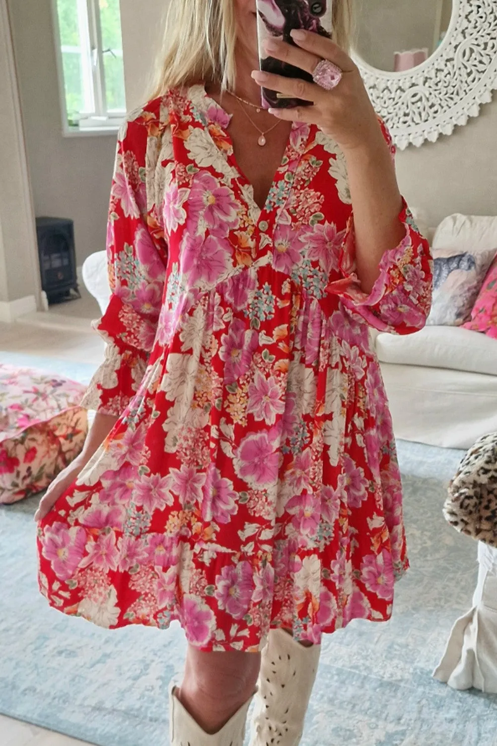 Floral Print V-Neck Babydoll Mini Dress