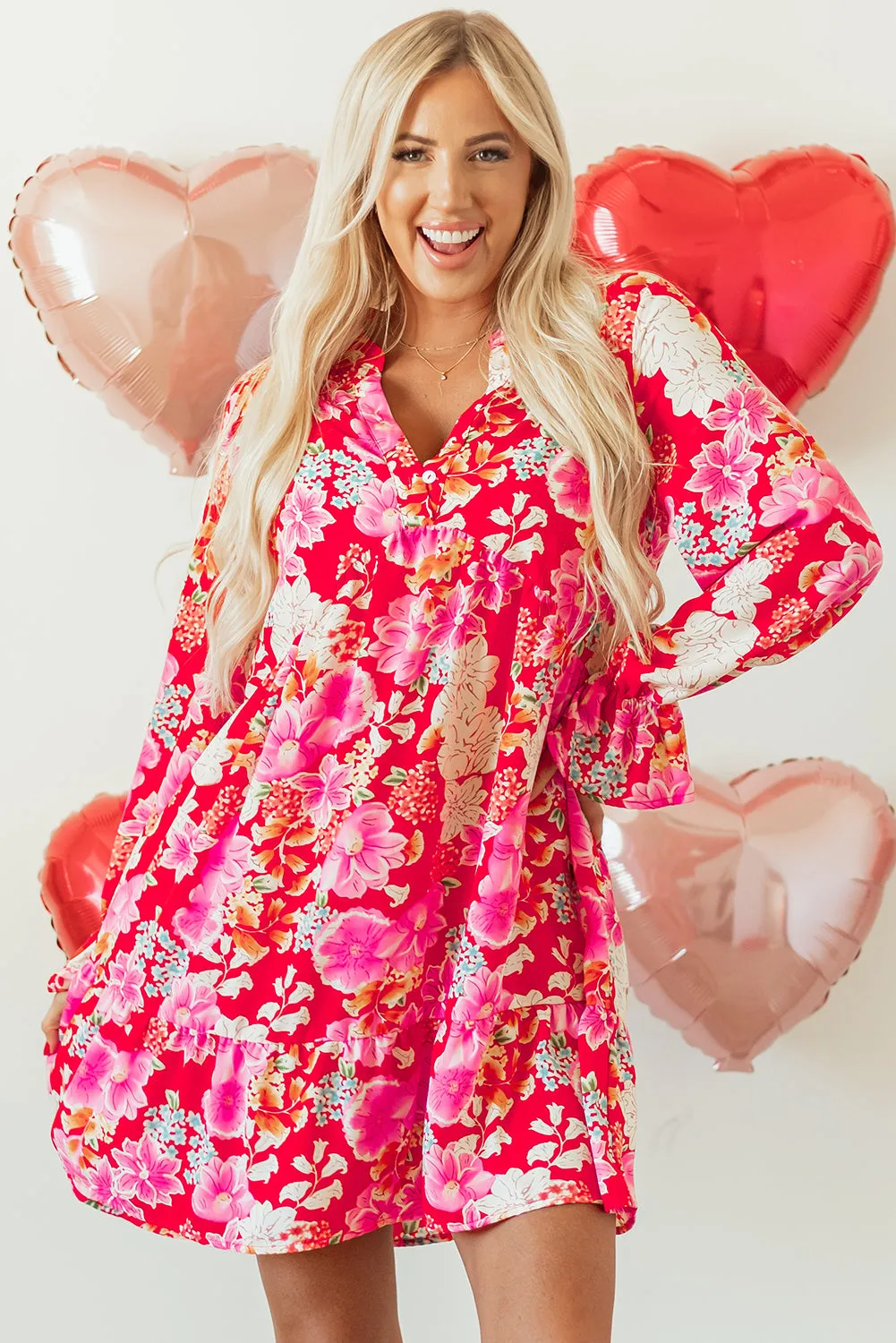 Floral Print V-Neck Babydoll Mini Dress