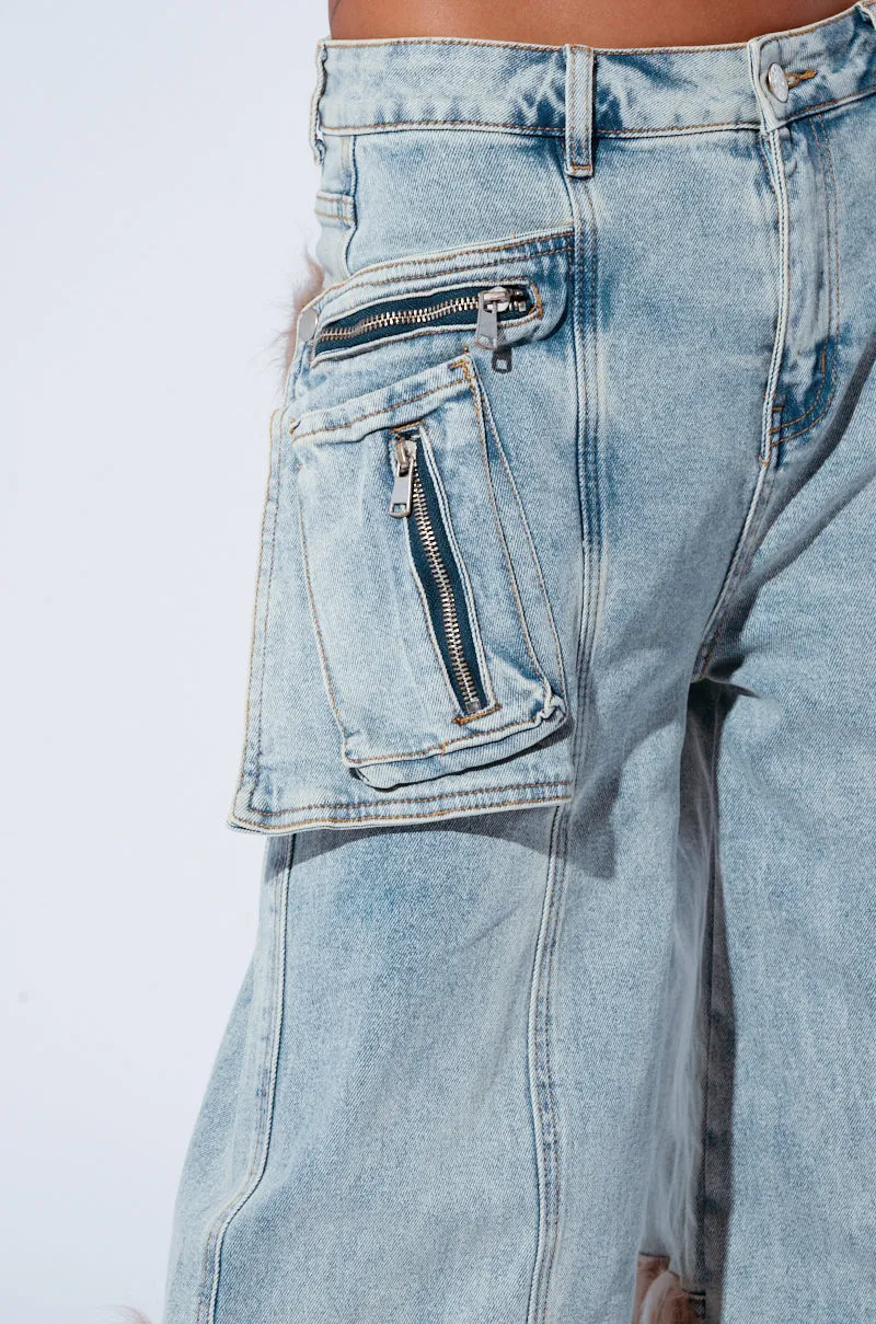 FUR DENIM CARGO PANTS