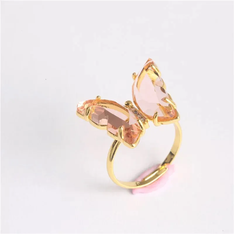 Gold Plated Pink Crystal Butterfly Ring