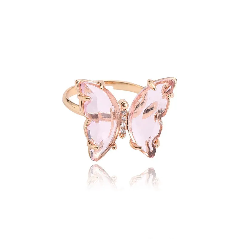 Gold Plated Pink Crystal Butterfly Ring