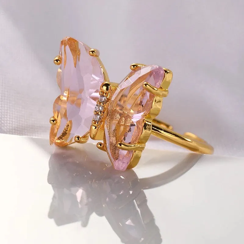 Gold Plated Pink Crystal Butterfly Ring