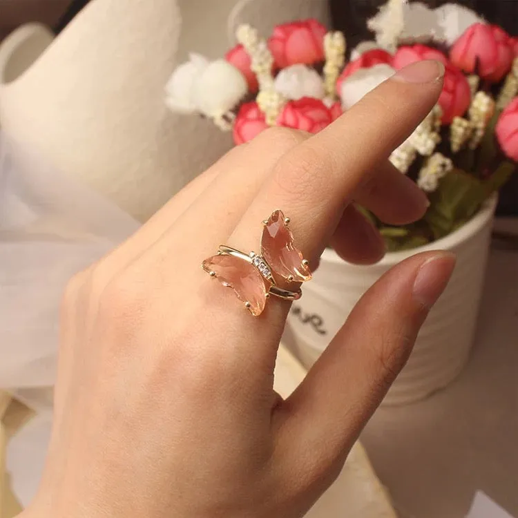 Gold Plated Pink Crystal Butterfly Ring