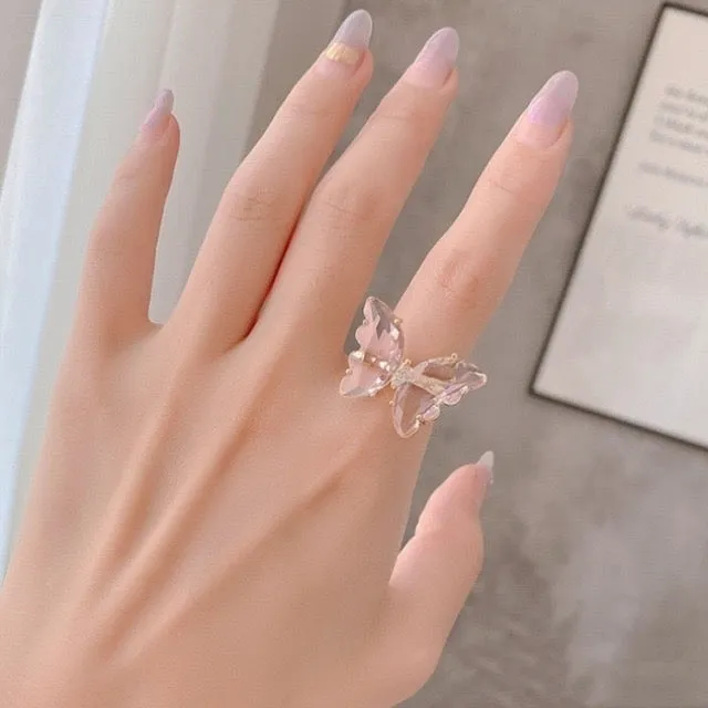 Gold Plated Pink Crystal Butterfly Ring