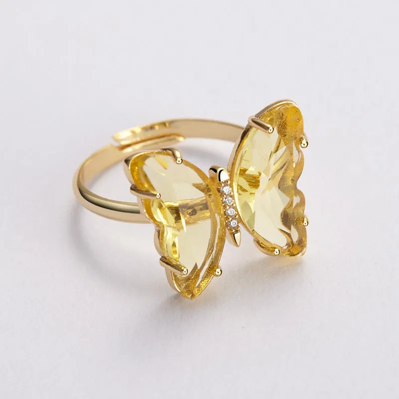 Gold Plated Yellow Crystal Butterfly Ring
