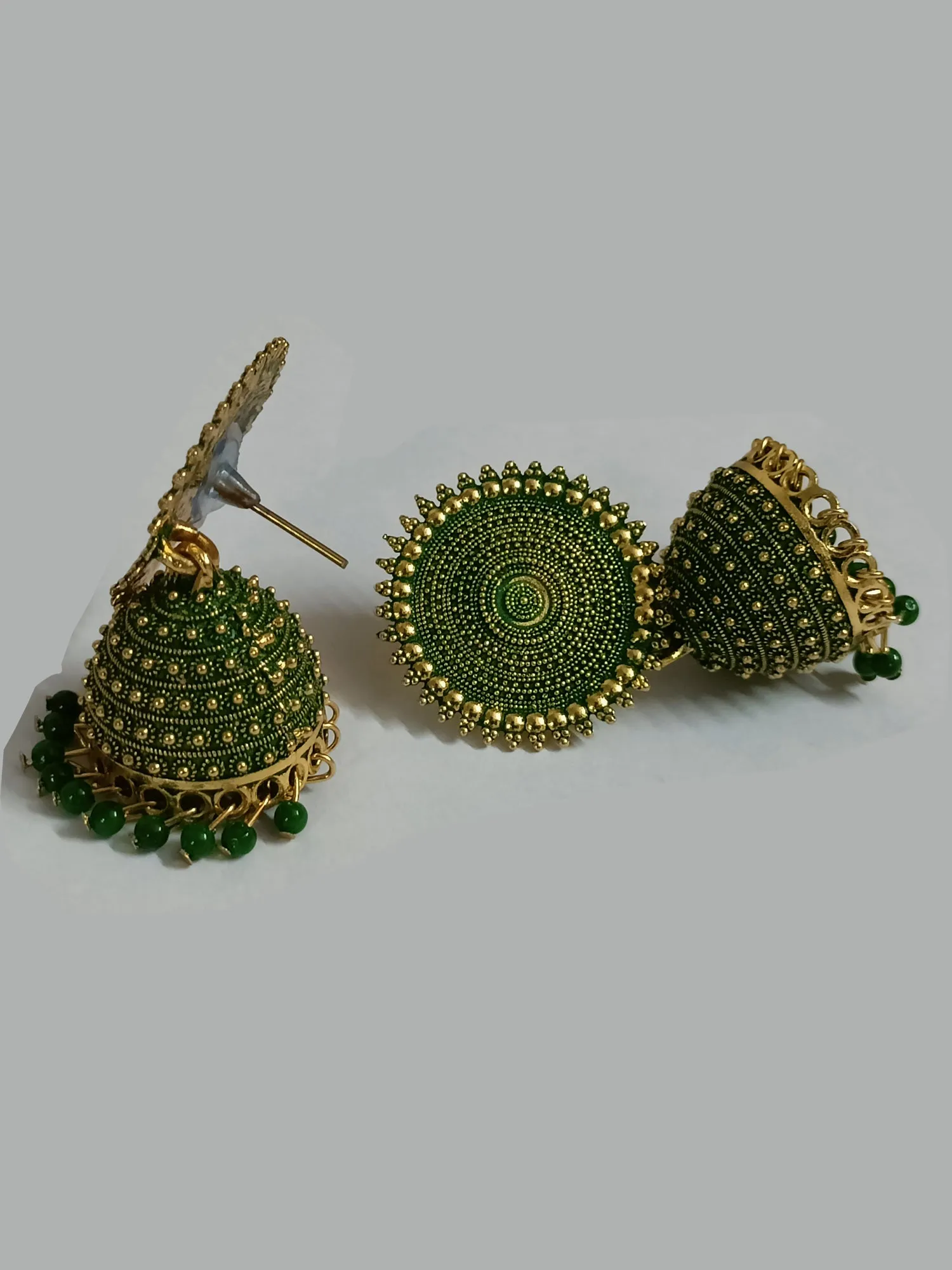 Golden Dark Green Pearls Dome Jhumka