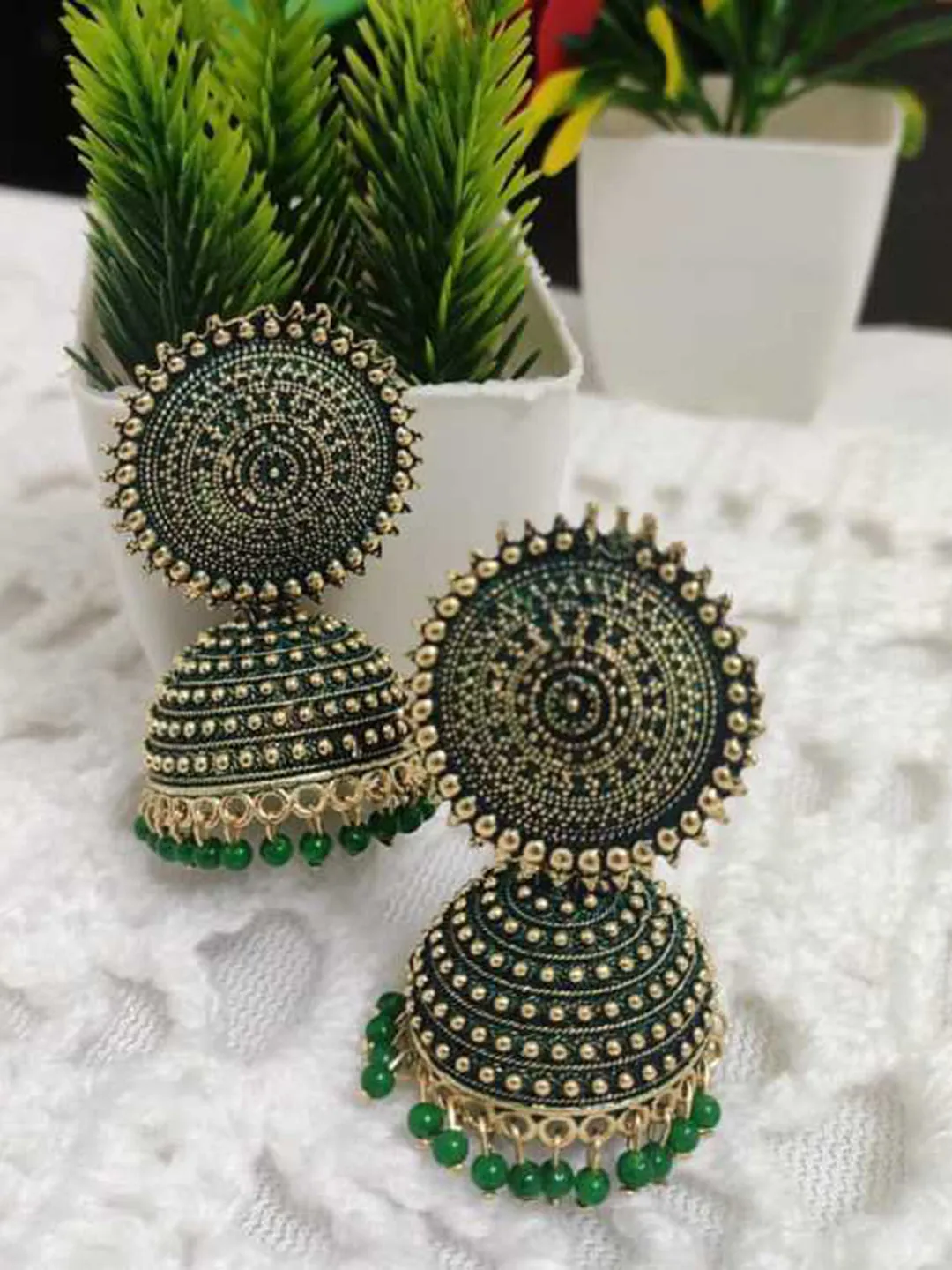 Golden Dark Green Pearls Dome Jhumka