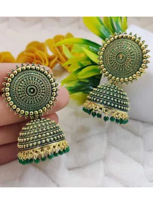 Golden Dark Green Pearls Dome Jhumka