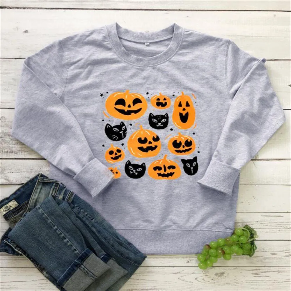 Graphic long Sleeve Shirts Pumpkins And Cat