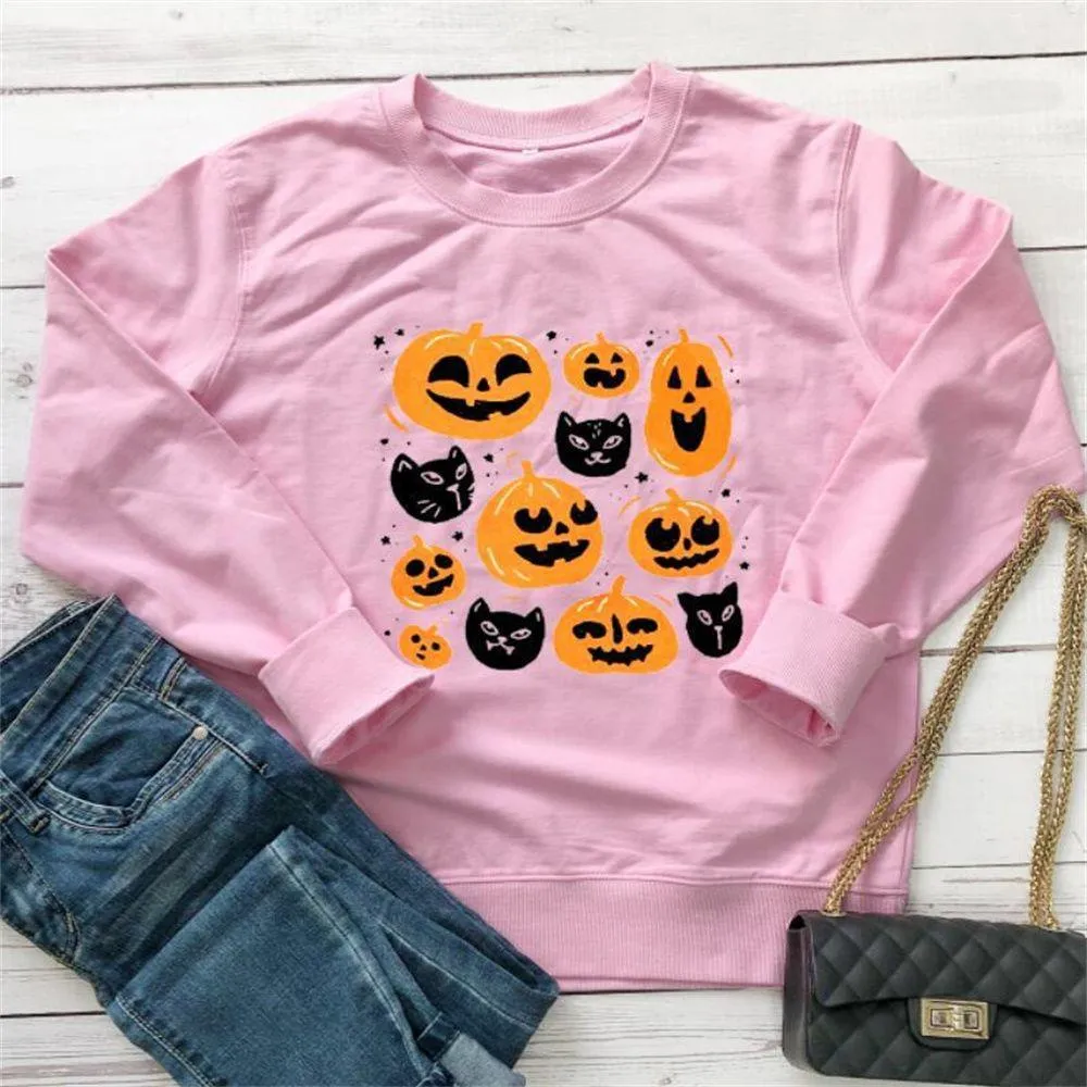 Graphic long Sleeve Shirts Pumpkins And Cat
