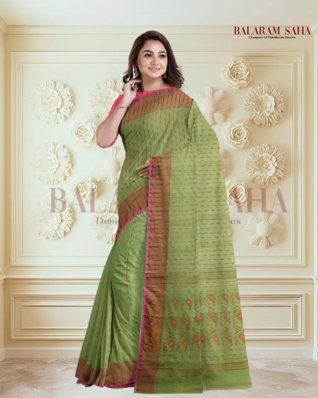 Green & Pink Soft Handloom Jacquard Weave Dhakai Saree