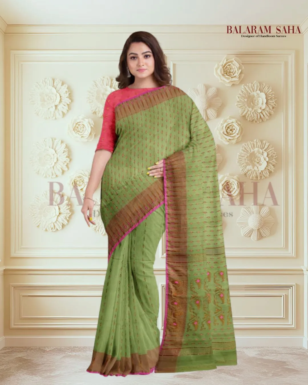 Green & Pink Soft Handloom Jacquard Weave Dhakai Saree