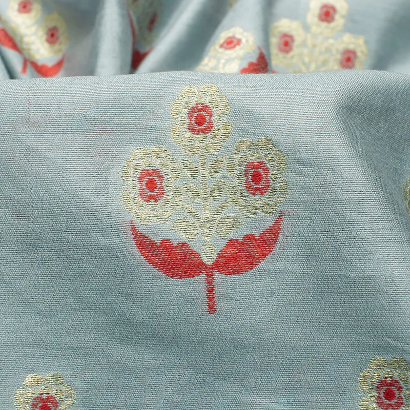 Grey And Red Floral Pattern Zari Jacquard Banarasi Muga Silk Fabric