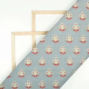 Grey And Red Floral Pattern Zari Jacquard Banarasi Muga Silk Fabric