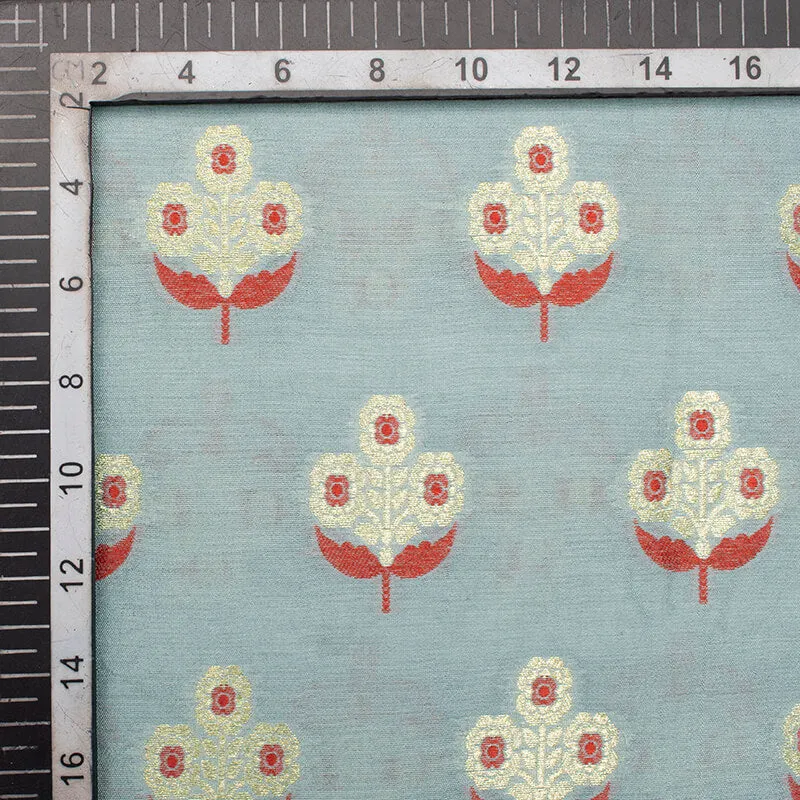 Grey And Red Floral Pattern Zari Jacquard Banarasi Muga Silk Fabric
